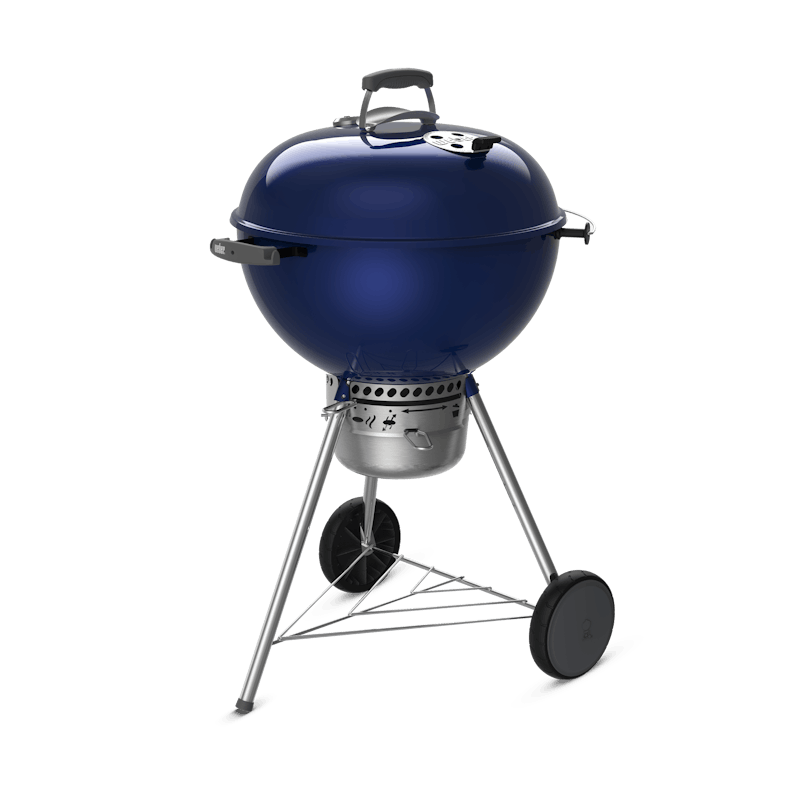 Deep ocean blue charcoal grill with gray trim finishes. image number 1