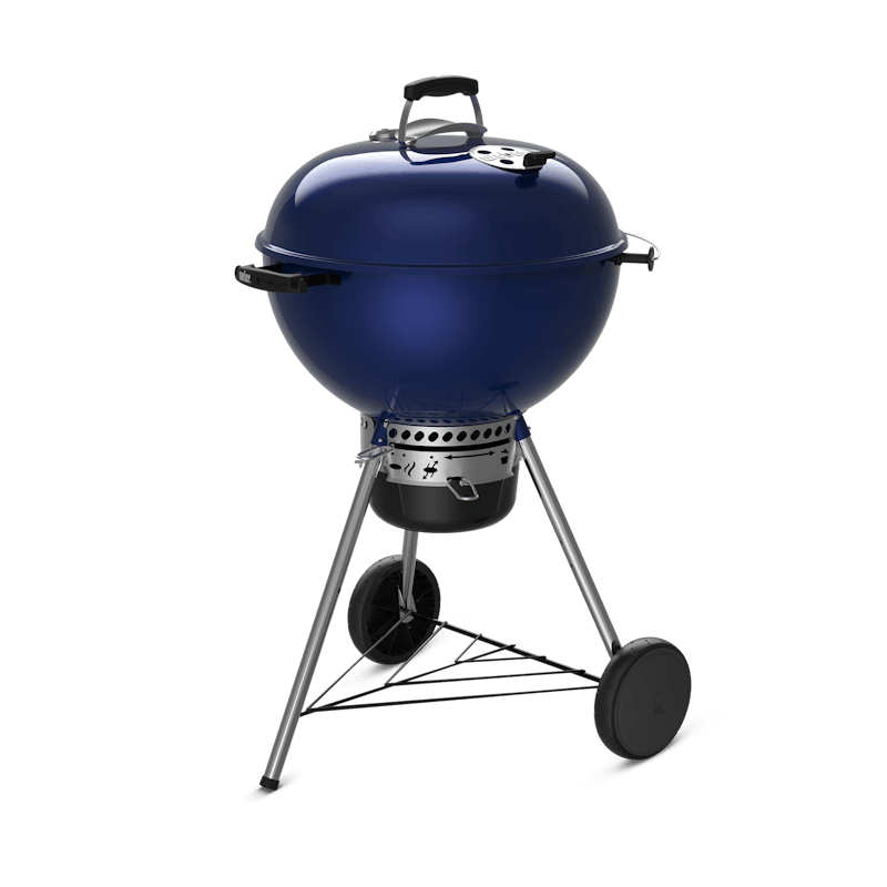 Deep ocean blue charcoal grill with black trim finishes. image number 1