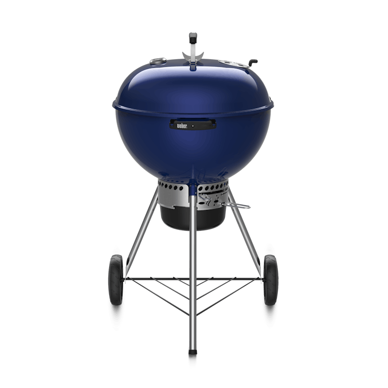 Deep ocean blue charcoal grill with black trim finishes. image number 0